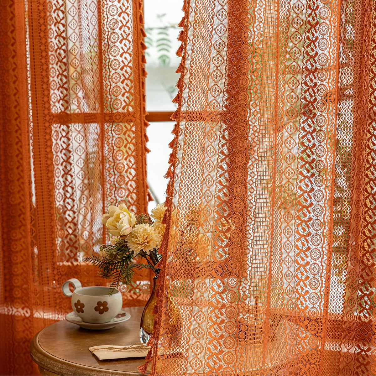 Sutuo Home Terracotta Boho Lace Curtains 2 Panels 84 Inches Long for Living Room&Bedroom, Burnt Orange Crochet Privacy Farmhouse Vintage Tassels Retro Halloween Window Sheer Curtains Rod Pocket,50" W