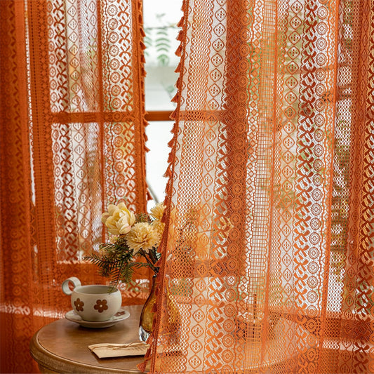 Sutuo Home Terracotta Boho Lace Curtains 2 Panels 84 Inches Long for Living Room&Bedroom, Burnt Orange Crochet Privacy Farmhouse Vintage Tassels Retro Halloween Window Sheer Curtains Rod Pocket,50" W