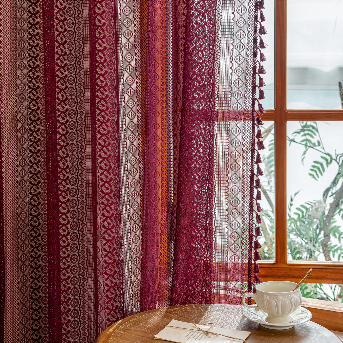 Sutuo Home Terracotta Boho Lace Curtains 2 Panels 84 Inches Long for Living Room&Bedroom, Burnt Orange Crochet Privacy Farmhouse Vintage Tassels Retro Halloween Window Sheer Curtains Rod Pocket,50" W
