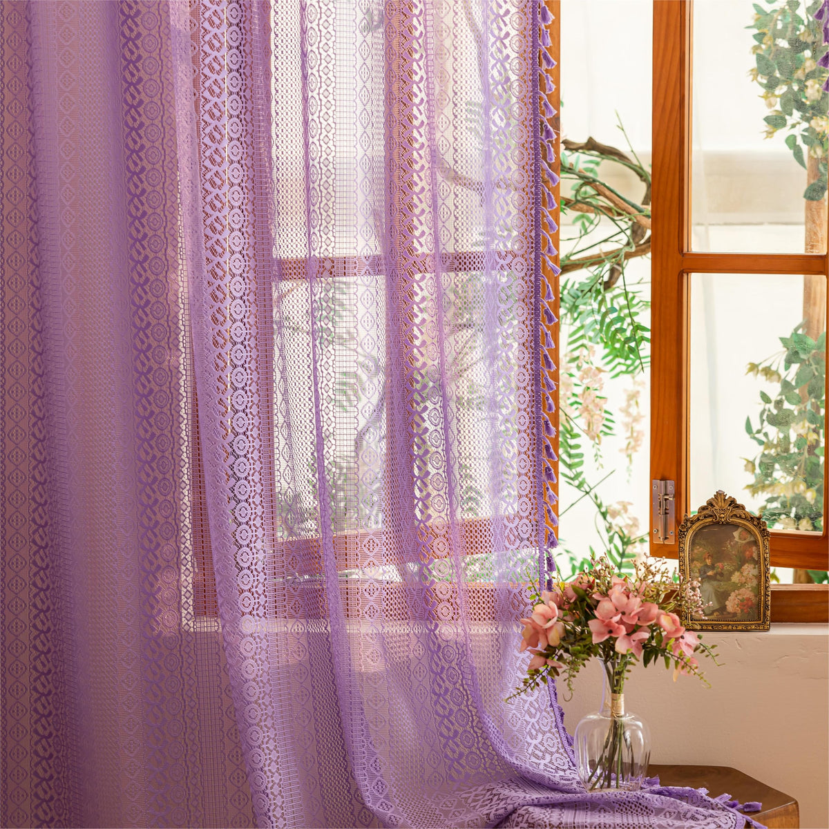 Sutuo Home Terracotta Boho Lace Curtains 2 Panels 84 Inches Long for Living Room&Bedroom, Burnt Orange Crochet Privacy Farmhouse Vintage Tassels Retro Halloween Window Sheer Curtains Rod Pocket,50" W