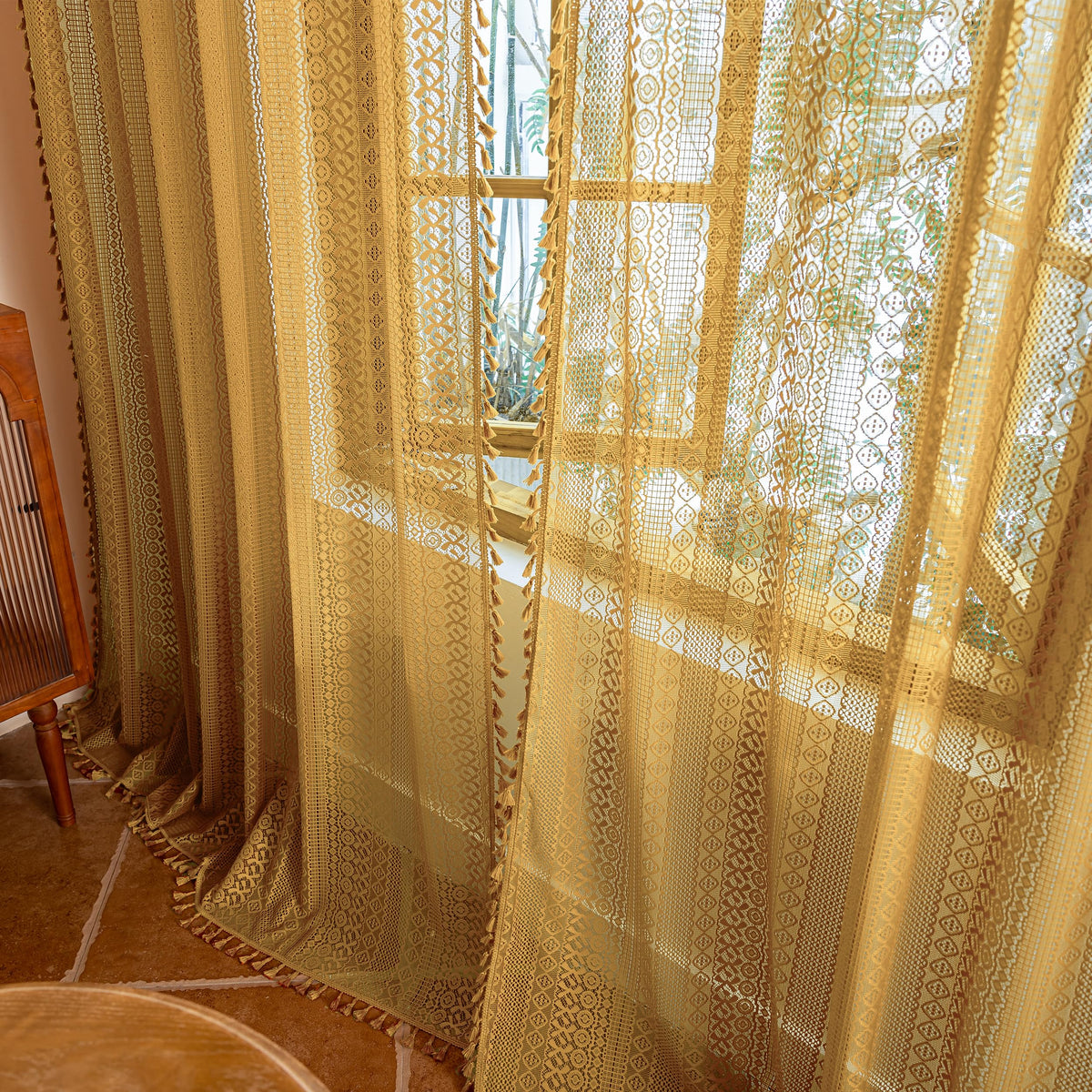 Sutuo Home Terracotta Boho Lace Curtains 2 Panels 84 Inches Long for Living Room&Bedroom, Burnt Orange Crochet Privacy Farmhouse Vintage Tassels Retro Halloween Window Sheer Curtains Rod Pocket,50" W